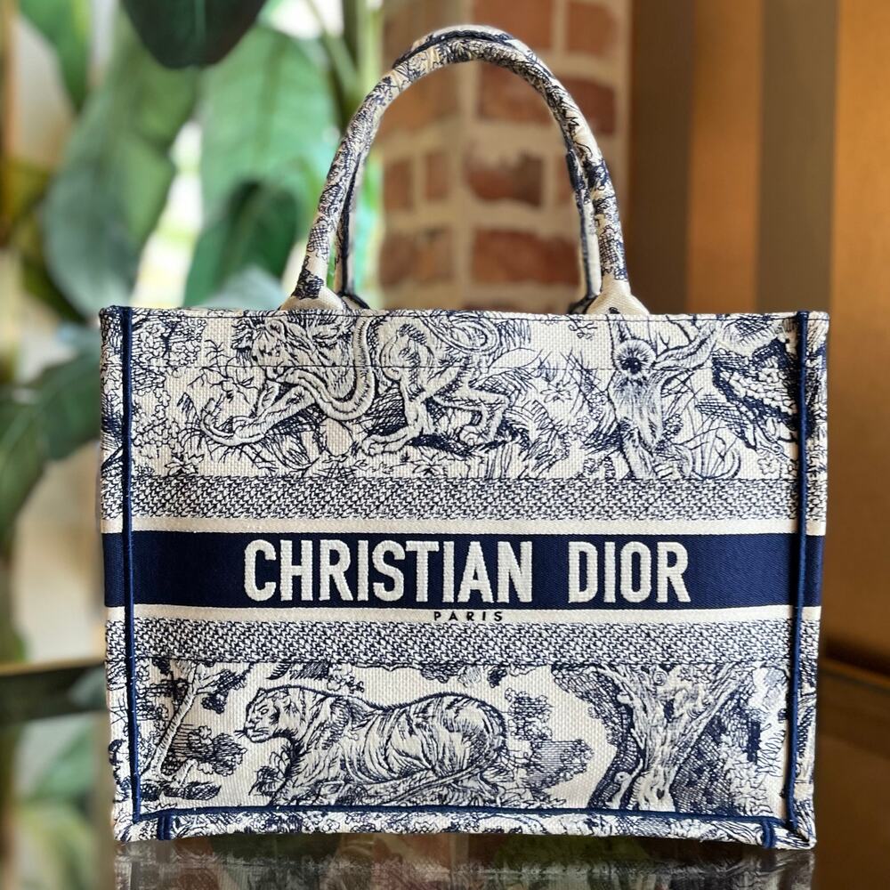 DIOR Medium Book Ecru and Blue Toile de Jouy Embroidered Tote